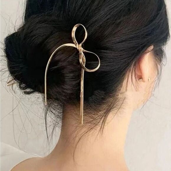 Gold bow hair pin S520 - Picture 1 of 2